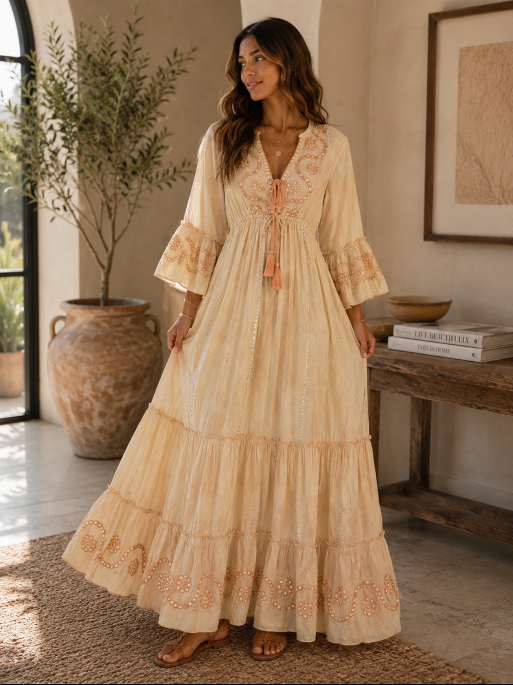 ShopEvelynne Light Camel Boho Embroidered Tiered Maxi Dress